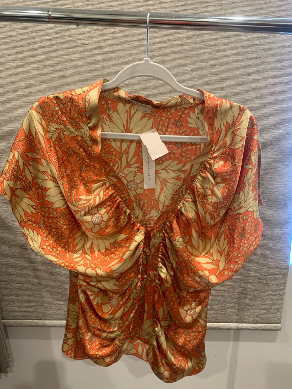 Floral Ruched V-Neck Silk Blouse in Orange and Cream
